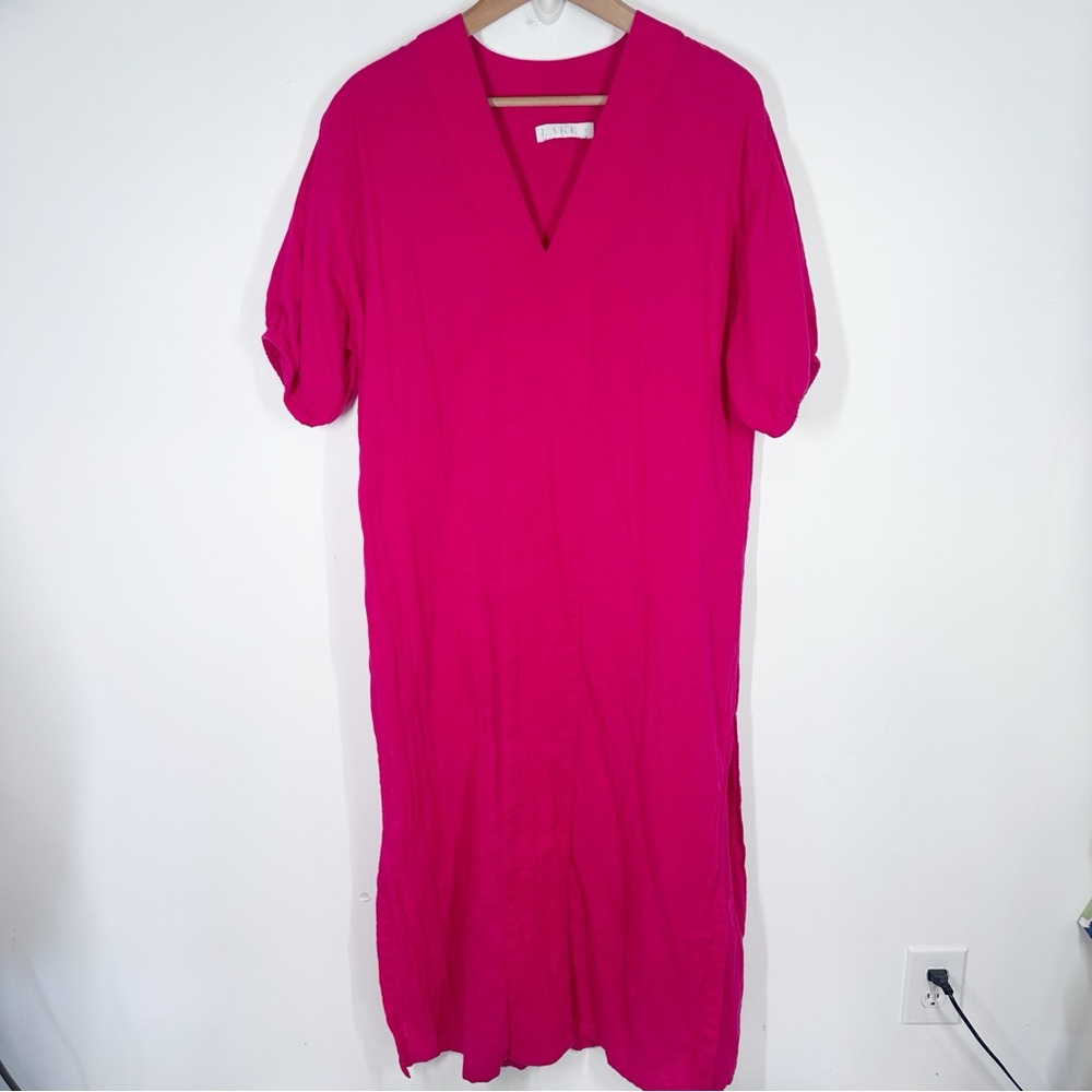 LAKE Gauze Caftan Maxi Dress In Heatwave Pink Size Small Loose Lightweight - Picture 3 of 9